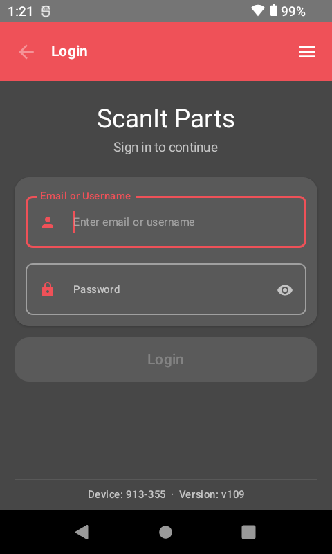 ScanIt Parts login screen