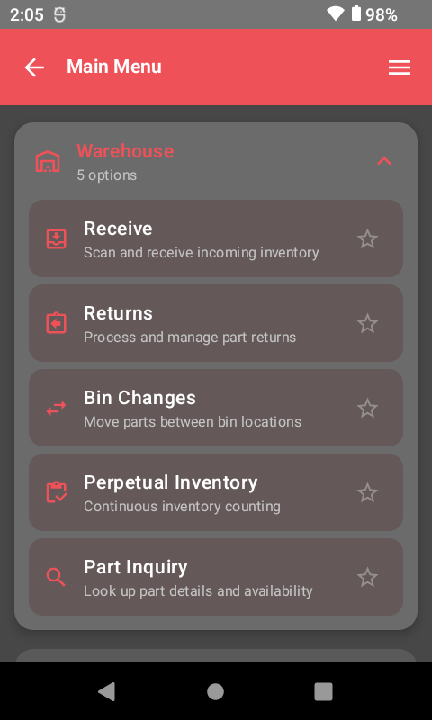 ScanIt Parts main menu
